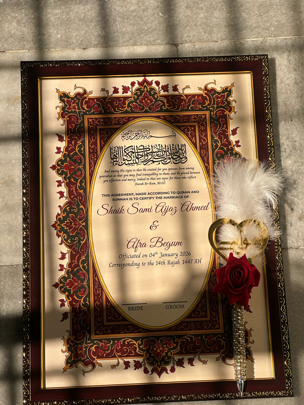 Customised Nikahnama Frame with Nikkah Pen